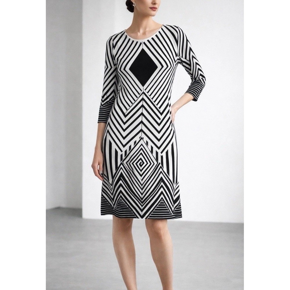 Tiana B. Geometric Sheath Dress Womens L Black White Excellent 3/4 Sleeve Mod